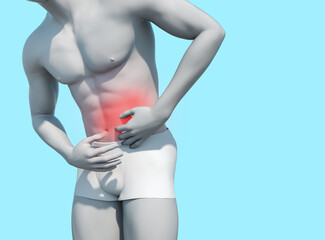 3d render illustration of male figure with stomach pain highlighted area on blue background.