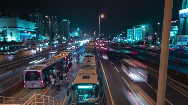 istanbul  NightTraffic And Public Transport Metrobus Time Lapse. City Traffic