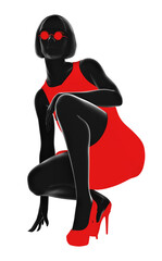 Png 3d render noir illustration of lady in red dress and round glasses kneeling on white background.