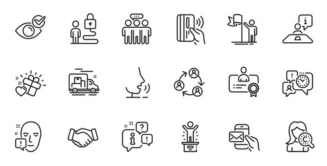 Outline set of Leadership, Winner podium and Love gift line icons for web application. Talk, information, delivery truck outline icon. Include Certificate, Teamwork, Time management icons. Vector