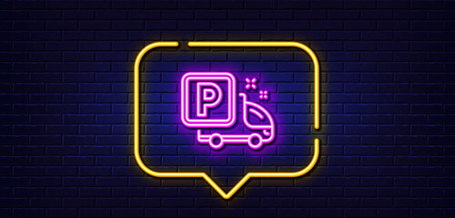 Neon light speech bubble. Truck parking line icon. Car park sign. Transport place symbol. Neon light background. Truck parking glow line. Brick wall banner. Vector