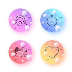 Hold heart, Inclusion and Heart minimal line icons. 3d spheres or balls buttons. Love icons. For web, application, printing. Friendship, Equity rainbow, Love. Hold heart line icon banner. Vector