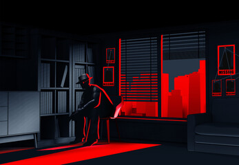 3d render noir illustration of toon crime detective with gun sitting in dark room with red cityscape view and missing posters on wall. - obrazy, fototapety, plakaty