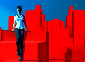 3d render illustration of sexy detective lady in white shirt and jeans leaning on red colored cityscape background.
