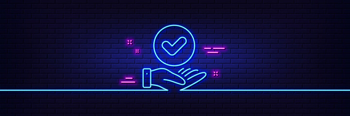 Neon light glow effect. Approved checkbox line icon. Accepted sign. Confirmed symbol. 3d line neon glow icon. Brick wall banner. Approved checkbox outline. Vector