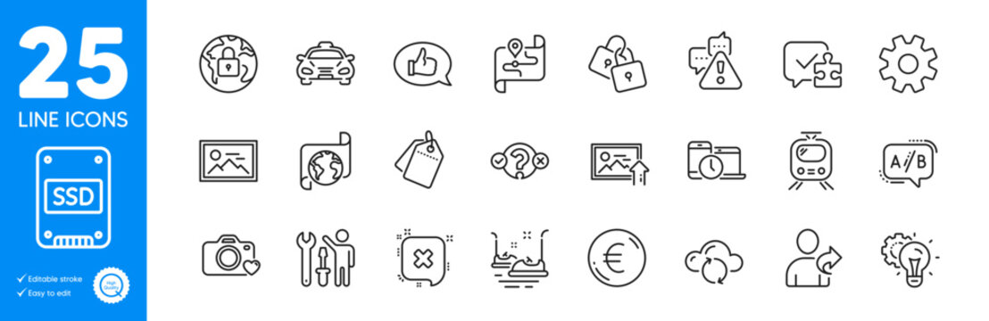 Outline icons set. Idea gear, Service and Sale tags icons. Warning, Puzzle, Photo web elements. Repairman, Quiz test, Cloud sync signs. Taxi, Refer friend, Time management. Bumper cars. Vector