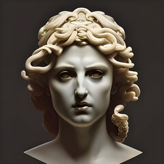 3D illustration of a white marble bust of Medusa, otherwise known as Gorgo, a mythological monster slain by the hero Perseus in ancient Greek mythology.
