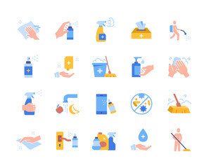 Set of colorful icons related to cleaning and disinfection. Bottles or sprays of detergents, antiseptics and hand creams and floor mop. Cartoon flat vector collection isolated on white background