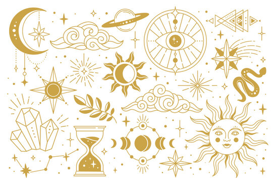 Set Of Esoteric Symbols. Spirit Stickers Or Icons With Sun, Moon, Clouds, Evil Eye And Constellations. Magic, Occultism And Alchemy. Cartoon Linear Vector Collection Isolated On White Background