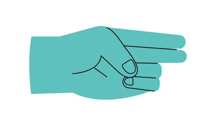 Colorful hand showing gesture. Sticker with palm indicating direction with two fingers. Right or sideways. Design element for website. Cartoon flat vector illustration isolated on white background