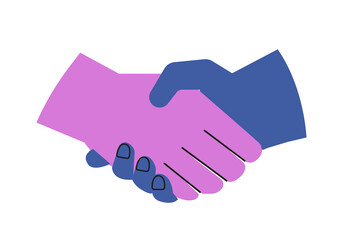 Colorful hands showing gesture. Sticker with shaking hands. Deal, partnership, teamwork or business agreement. Design element for print. Cartoon flat vector illustration isolated on white background