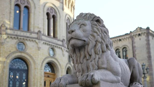 A lion outside the parliament building in Oslo, Norway