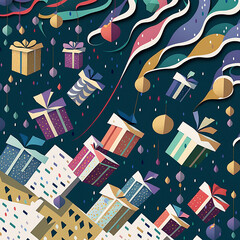 Obraz premium Papercraft paper cut layered illustration of presents and gifts raining from the sky with hot air balloons and rain clouds