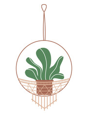 Houseplant on macrame hanger. Sticker with plant in pot hanging on decorative threads. Decor for interior of house. Botany and floristry. Cartoon flat vector illustration isolated on white background