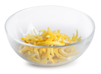 Glass bowl of fresh lemon peel isolated on white. Citrus zest