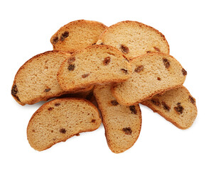 Sweet hard chuck crackers with raisins on white background, top view