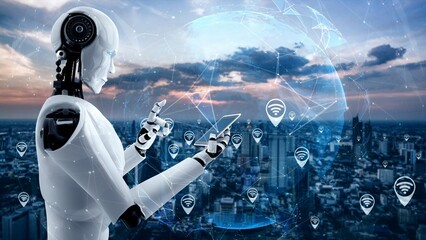 Robot hominoid use mobile phone or tablet for global network connection using AI thinking brain , artificial intelligence and machine learning process for 4th industrial revolution . 3D rendering.