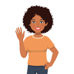 Happy young African woman with hand on waist waving hand and say hello greeting gesture © Tenstudio