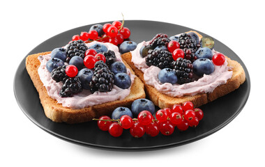 Tasty sandwiches with cream cheese and berries isolated on white