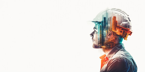 Future building construction engineering project devotion with double exposure graphic design. Building engineer, architect people or construction worker working with modern civil equipment technology - obrazy, fototapety, plakaty