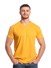 Man wearing yellow t-shirt on white background. Mockup for design