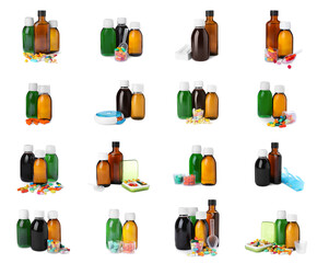 Set with bottles of cough syrup and pills on white background