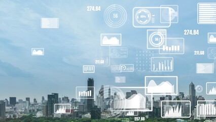 Business data analytic interface fly over smart city showing alteration future of business intelligence. Computer software and artificial intelligence are used to analyze big data for strategic plan .