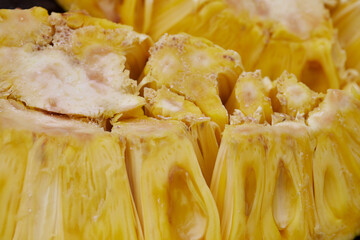 Close-up view of fresh sliced jackfruit