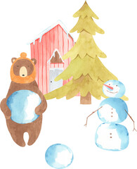 Watercolor Winter Bear - Illustration Christmas hand drawn for nursery decoration with animal family, forest animals, woodland compositions