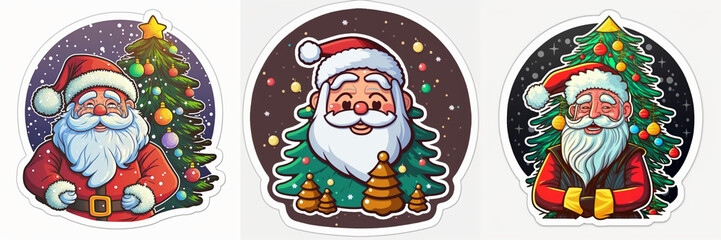 Collection sticker vector design of Santa Claus with Christmas tree.
