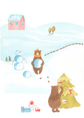 Watercolor Christmas Bear - A4 size poster with Winter holidays, forest animals, for nursery decoration, hand drawing illustration