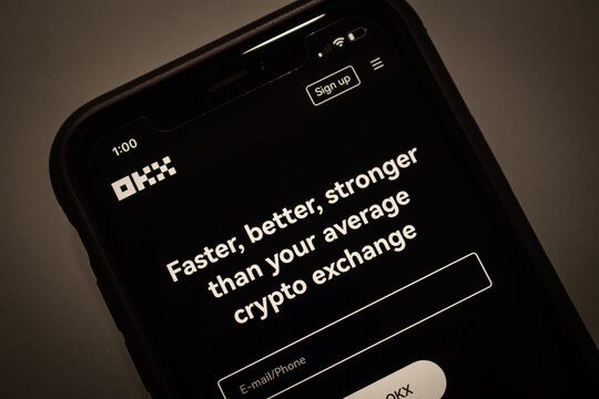 Vancouver, CANADA - Nov 19 2022 : Closeup logo of OKX on its website on an iPhone screen. OKX is a Seychelles-based cryptocurrency exchange and derivatives exchange platform.
