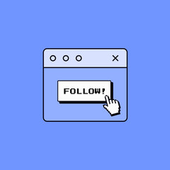 Follow Social Media Banner. Neubrutalist Y2K Pixel Retro Game Illustration. Button for Making Followers. Light Blue.