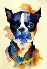 expressive watercolor painting of a boston terrier portrait