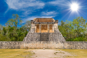Temple of the Bearded Man at the end of Great Ball Court for playing pok-ta-pok near Chichen Itza pyramid, Yucatan, Mexico. Mayan civilization temple ruins, archeological site