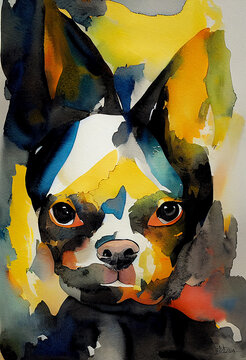 expressive watercolor painting of a boston terrier portrait