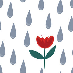 seamless, endless pattern of red flower and raindrops