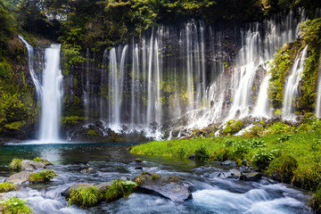 Scenic view of shira-ito waterfalls on summer day in Japan