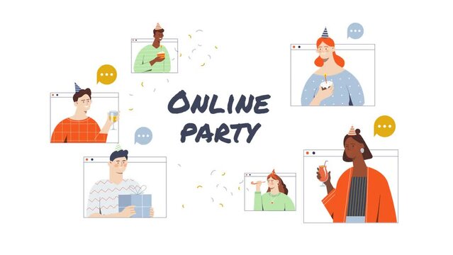 Online party. Happy moving men and women in digital web windows celebrating New Year, birthday or Christmas. Friends in video conference give gifts and drink cocktail. Flat graphic animated cartoon