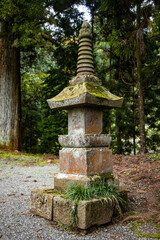 Ancient stone toro lanterns at the temple forest