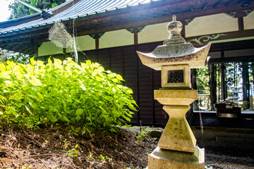 Japanese stone toro lanterns at shrine entrance