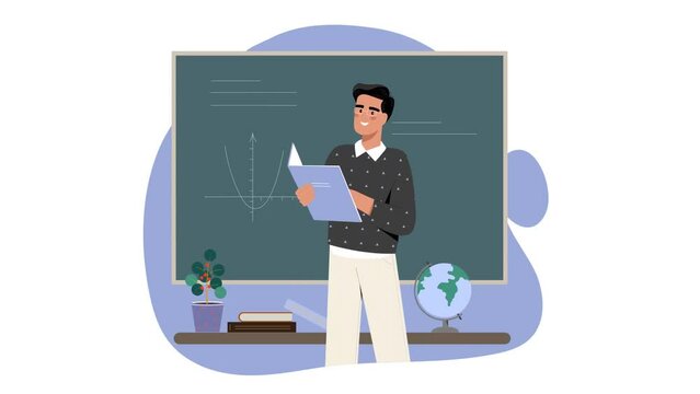 School teacher profession video concept. Young moving male professor or speaker leads lecture for students and explains algebra at blackboard. Education and study. Flat graphic animated cartoon
