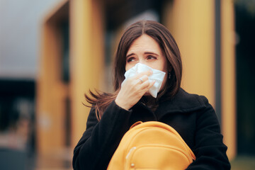 Ill Woman Blowing her Nose Suffering from a Seasonal Cold. Unhealthy office worker going on medical...