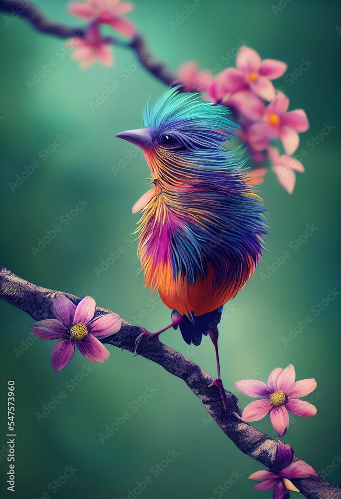 Wall mural Hyper realistic illustration of a colorful small bird perched on a pink flower tree branch