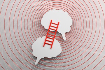 Illustration with two brains, emitted waves and ladder symbolizing mind contact, learning