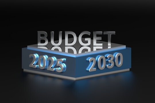 Bussiness financial planning illustration with pedestal, large budget word and year 2025 and 2030 numbers in black blue colors