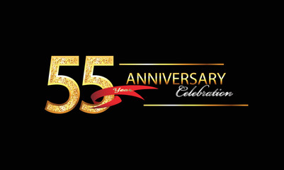 55 Year Anniversary celebration Vector Design. 55th Anniversary celebration. Gold Luxury Banner of 55th Anniversary celebration with red ribbon and glitter. Background celebration. Vector anniversary