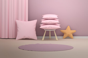 Sleeping room composition with pillows, curtain, chair in pink colors