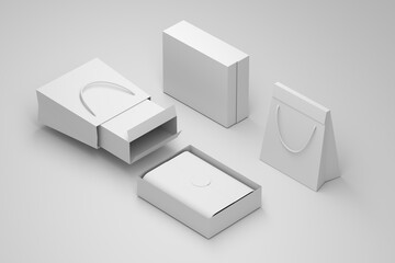 Set of white shopping boxes, bags on white background