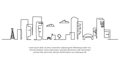 Cityscape line design. Beautiful city view. Decorative elements drawn one continuous line. Vector illustration of minimalist style on white background.